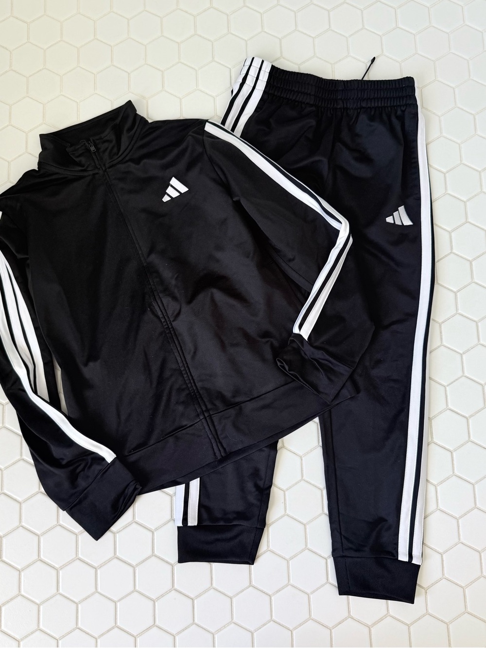 Kids Black Track Jacket & Pants Set with White Stripes